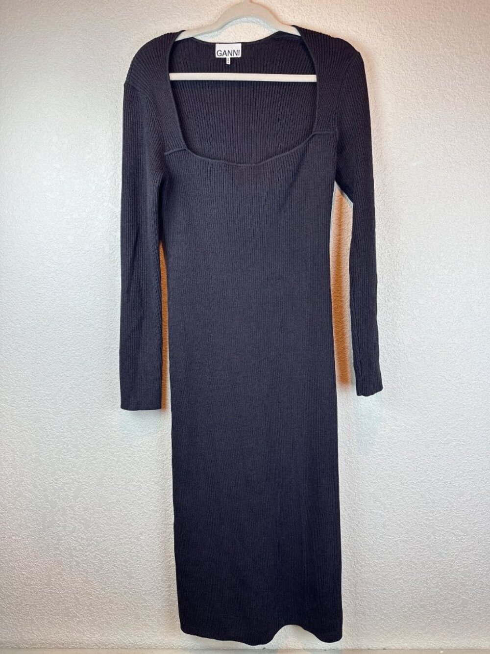 GANNI Ribbed Knit Dress Black Long Sleeve Square Neck Size XL Chic Minimal - Picture 3 of 10